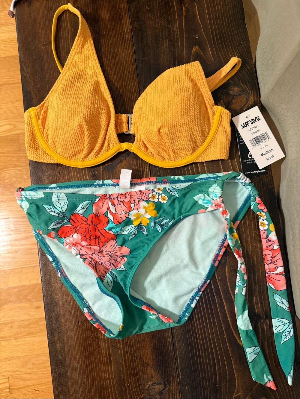 Women’s Two-Piece Swim Set - Mustard Top & Green Floral Bottom